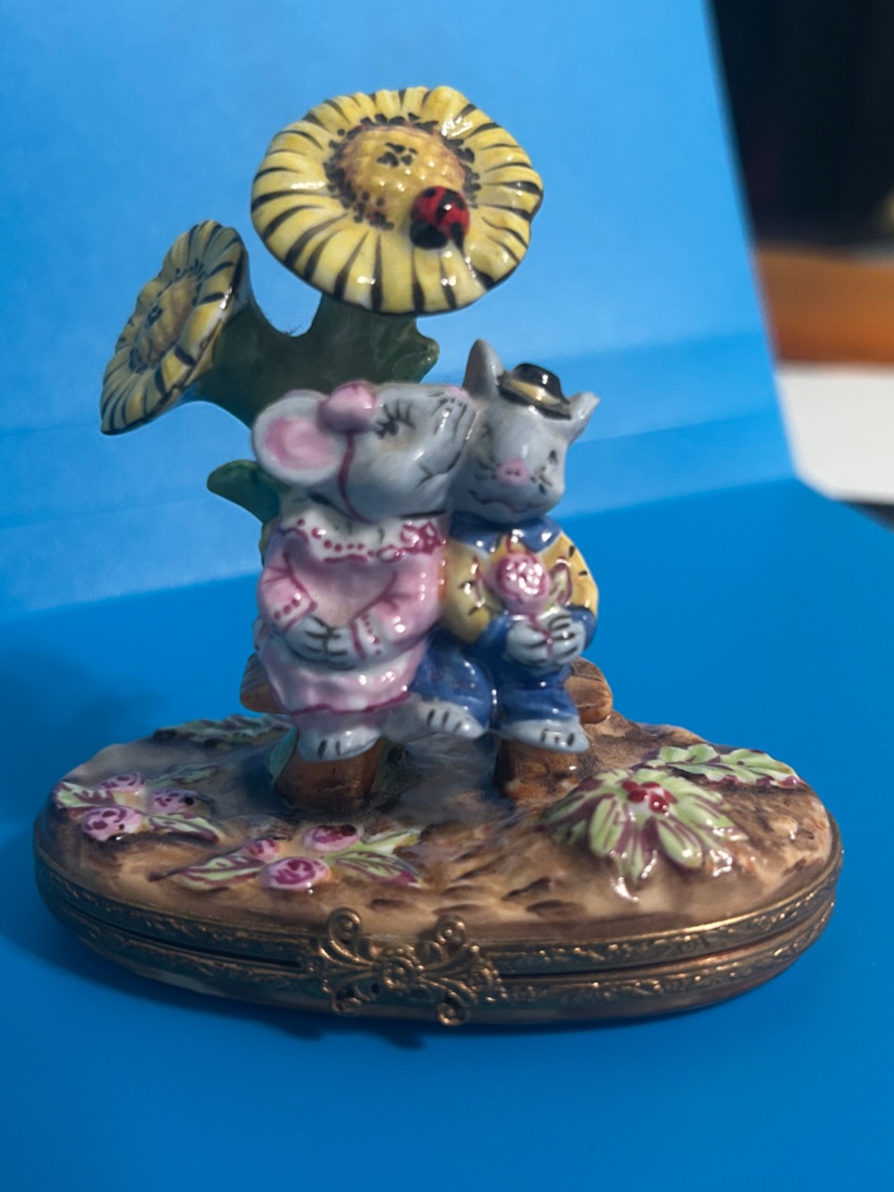 Limoges Hand-Painted Ceramic Mouse Pair with Sunflower in Yellow and Pink